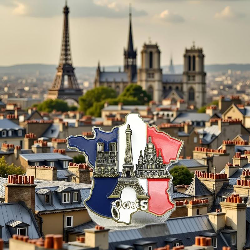 Sélection d'objets d'artisanat français dans une boutique Notre-Dame de Paris, mettant en valeur des souvenirs authentiques et élégants